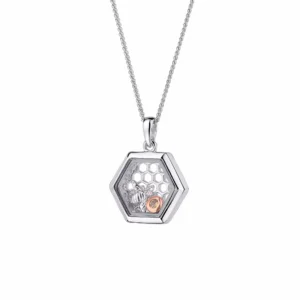 a silver hexagon necklace with a gold and silver pendant